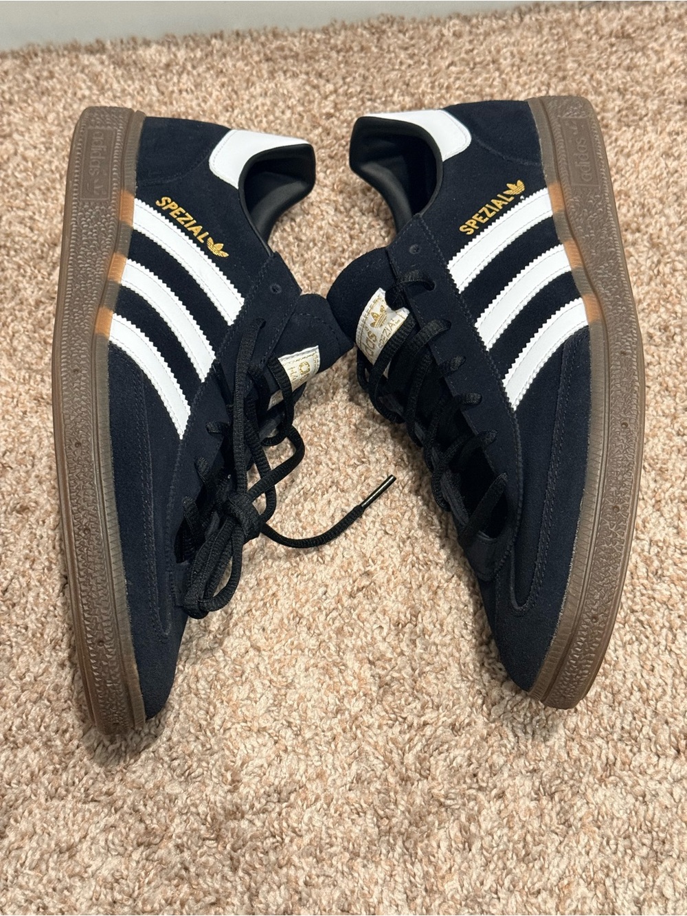 adidas Black Suede Sneakers with White Stripes and Gum Sole - Picture 3 of 6